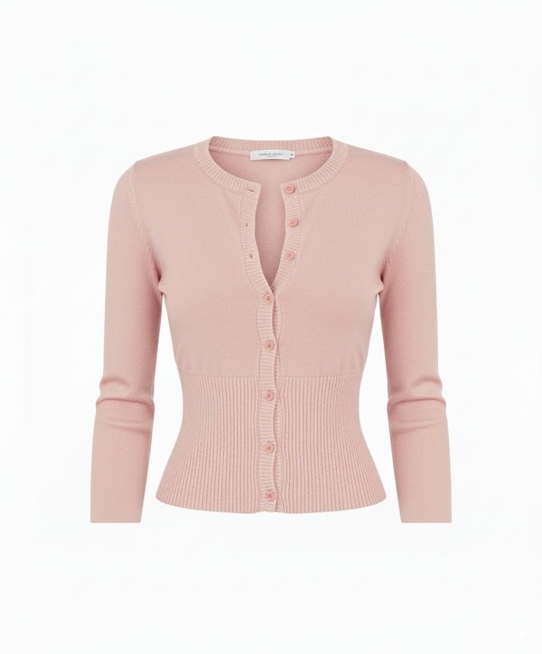 Pink-Fitted Ribbed Button-Up Cardigan