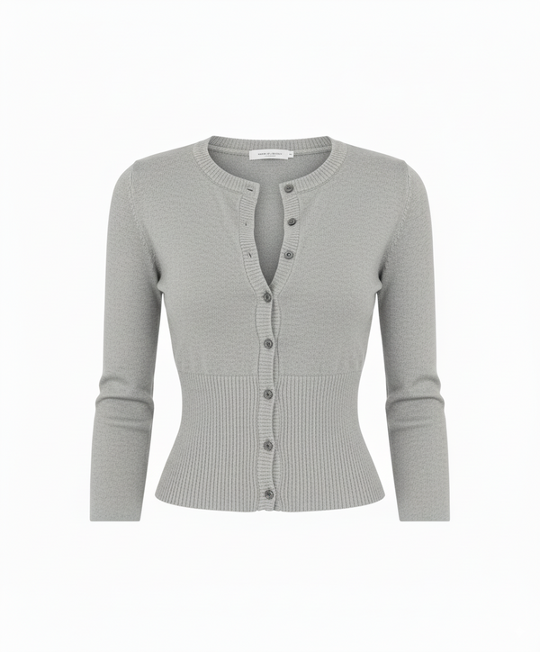 Gray-Fitted Ribbed Button-Up Cardigan