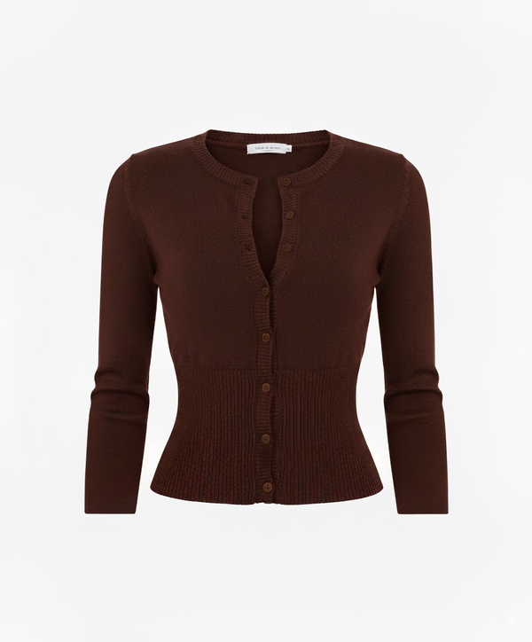 Brown-Fitted Ribbed Button-Up Cardigan